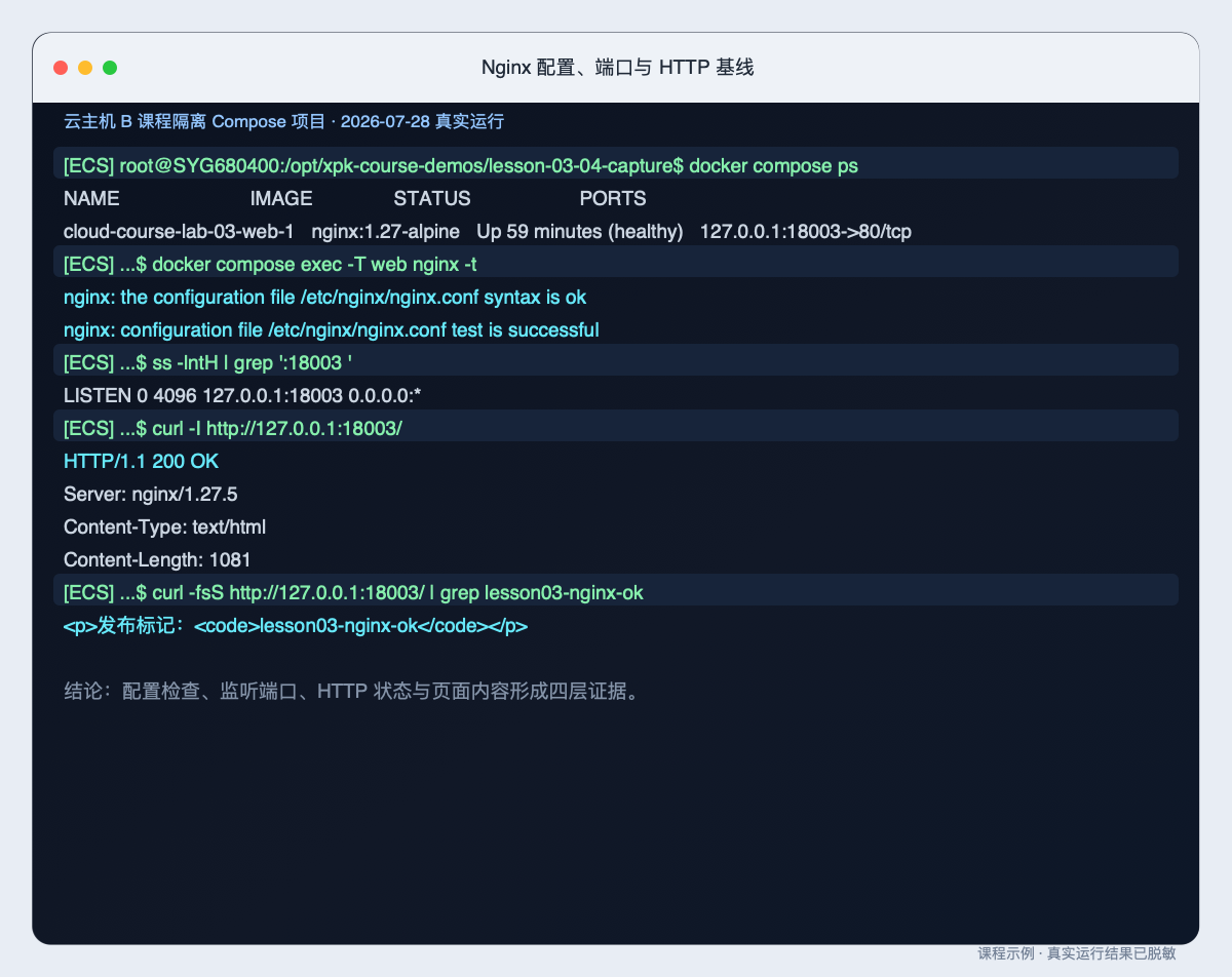 Nginx 配置、端口与 HTTP 基线的原始整页终端截图
