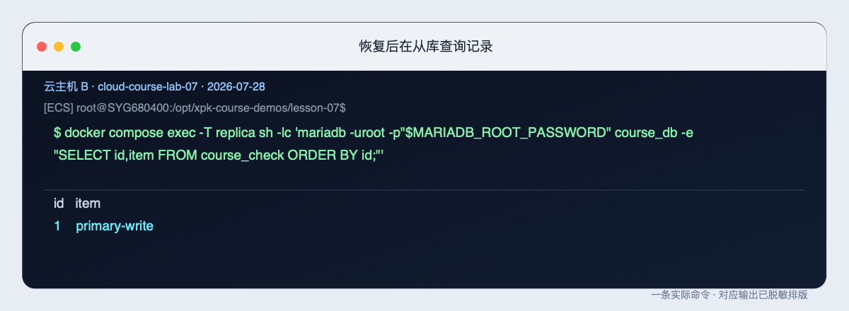 恢复后在从库查询记录的原始整页终端截图