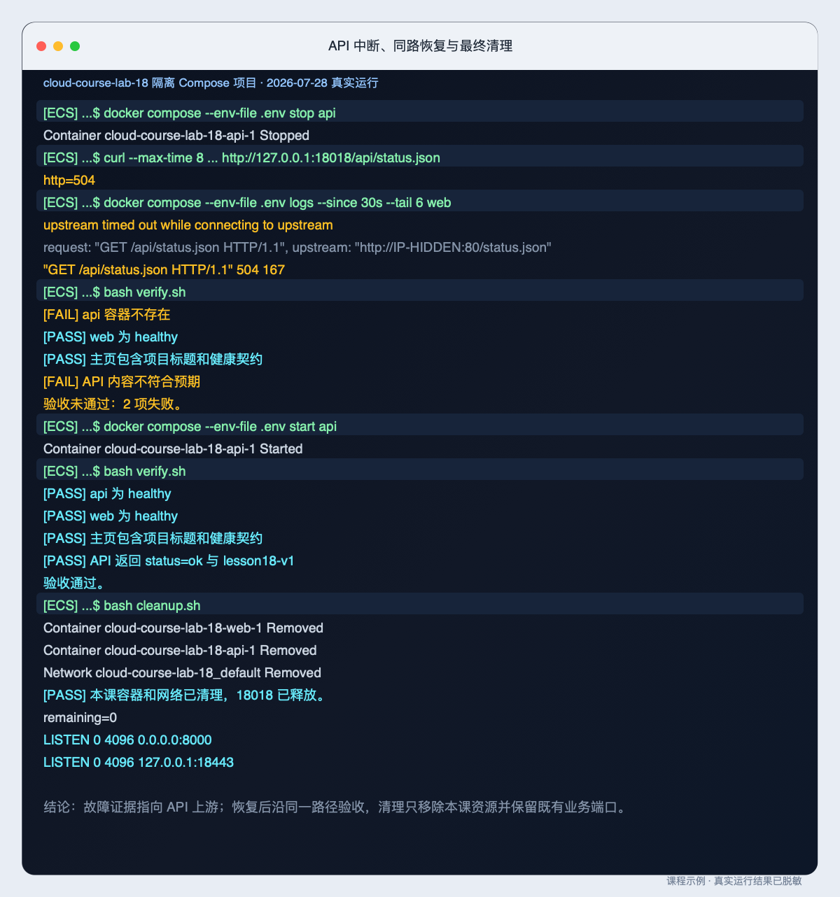 API 中断、同路恢复与最终清理的原始整页终端截图